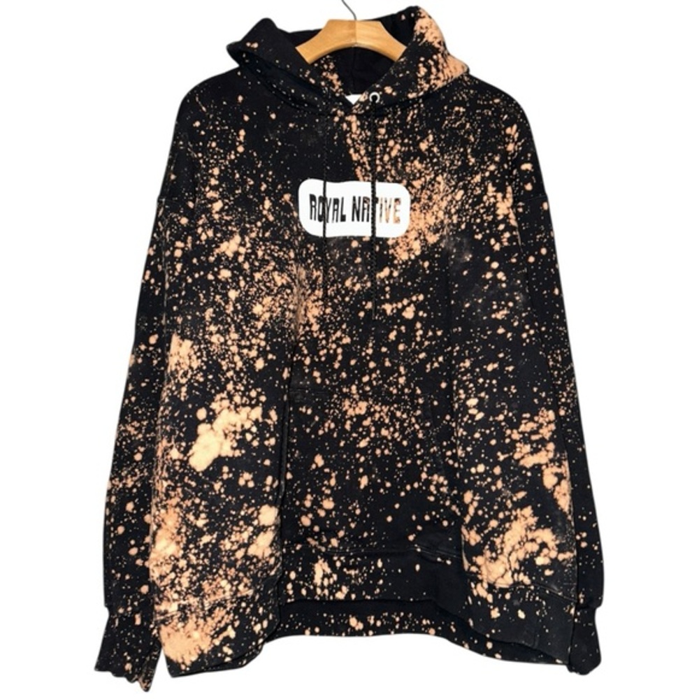 Royal Native Uni-Sex L Black Bleached Logo Front Smiley Face Hoodie Sweatshirt